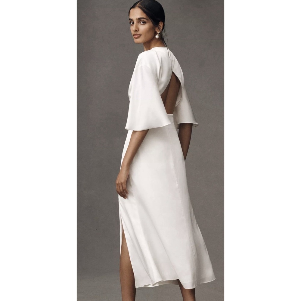 New $220 Anthropologie BHLDN SHORT-SLEEVE CREW-NECK SIDE-SLIT SATIN MIDI DRESS